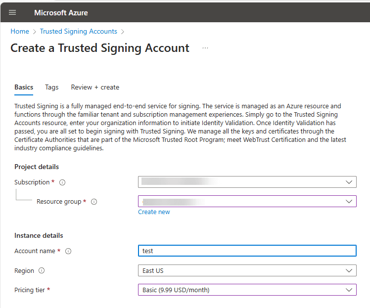Create Trusted Signing Account