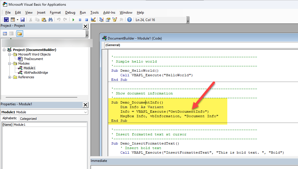 Microsoft Word VBA Editor showing DocumentBuilder project with caller code using VBAPI_Execute for DLL integration with VBA Padlock