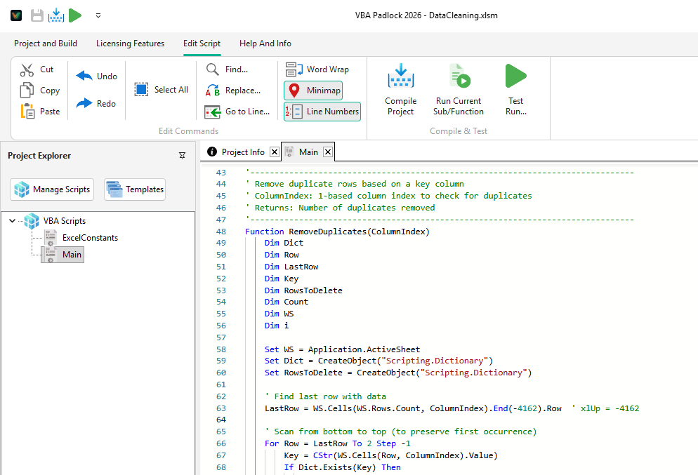 VBA Padlock Studio IDE code editor showing Excel VBA RemoveDuplicates function with project explorer and script management tools