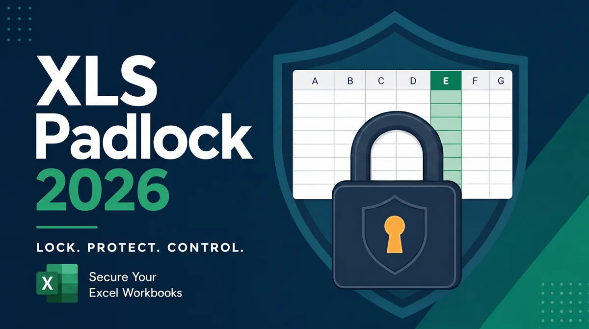 XLS Padlock 2026: a padlock and shield protecting an Excel spreadsheet, with the tagline Lock, Protect, Control