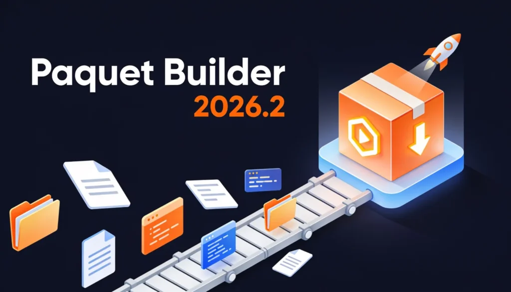 Paquet Builder 2026.2 release artwork: files and folders moving along a conveyor belt into a packaged installer with a launching rocket, on a dark navy background