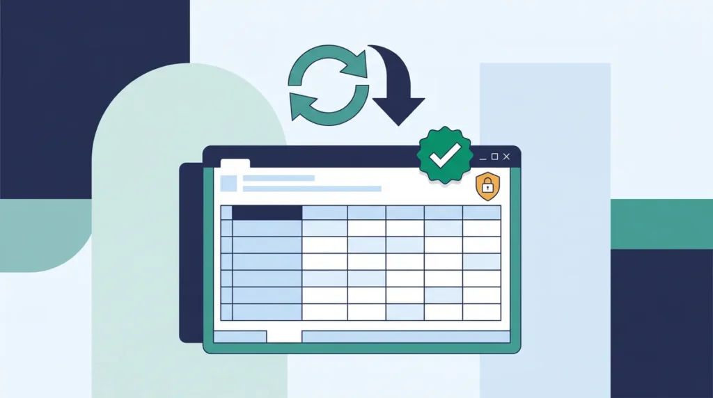 Flat illustration of a protected Excel workbook application receiving a reliable web update, with refresh and download icons, a success checkmark, and a padlock