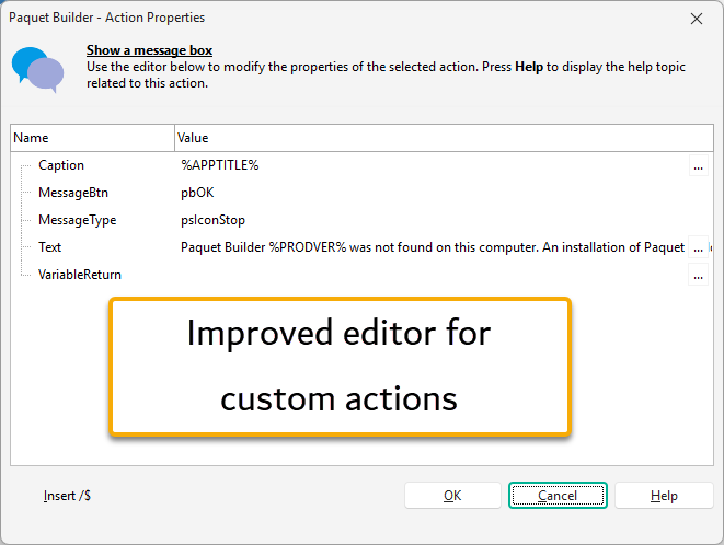 The redesigned Action Properties editor in Paquet Builder 2026.3