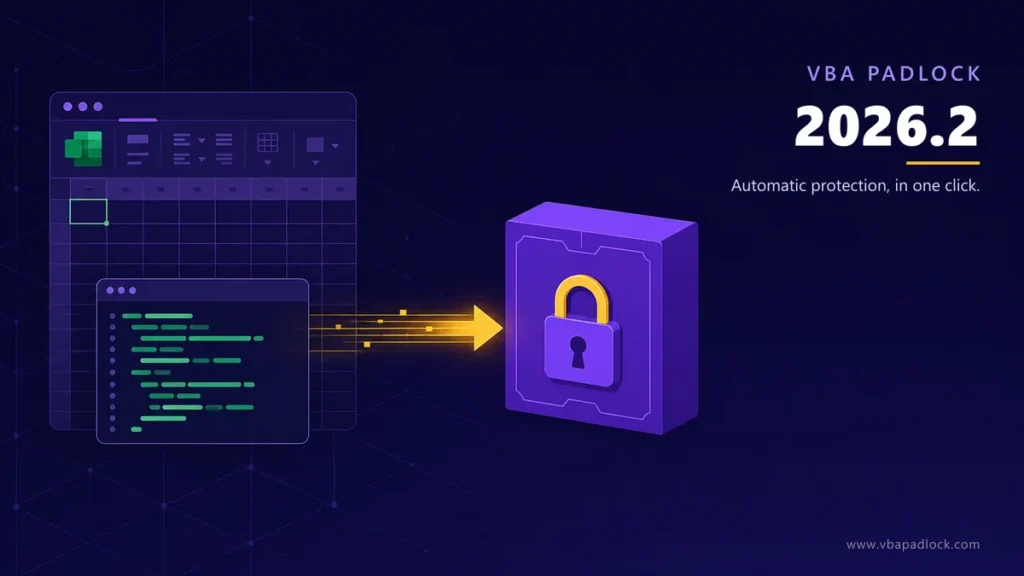 VBA Padlock 2026.2 announcement banner for automatic protection of Excel, Word, PowerPoint and Access VBA macros