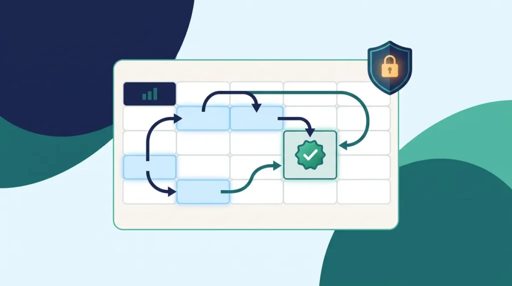 Flat illustration of a protected Excel spreadsheet with arrows showing the calculation order between formula cells, a green success checkmark, and a padlock shield